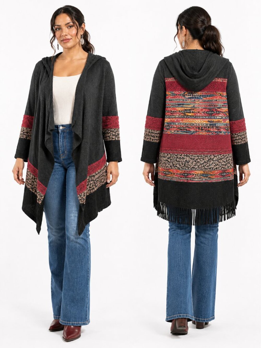 Miss Me Patchwork Fringe Hooded Cardigan Gray Size L Western Boho Eclectic